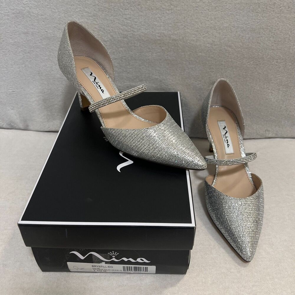 New Nina Brystol Silver Duchess Glitter d'Orsay Pumps Women's Size 7.5 M